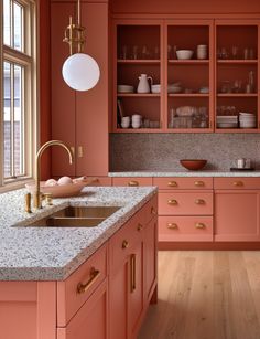 Kitchen Cabinets Island, Colorful Backsplash, Kitchen Island Cabinets, Renovation Tips, Coral Design, Orange Kitchen, Light Wood Floors