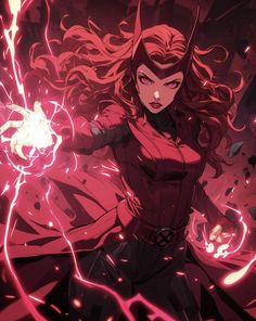 an anime character with red hair and horns, holding a ball in her hand while surrounded by sparks