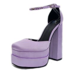 These gorgeous statement heels are a must have for every fashionista. Featuring a fancy stacked platform design for that sassy and classy look. Finished with a lightly padded insole and easy slide style.Sole: Synthetic Sassy And Classy, Statement Heels, Satin Fashion, Platform Design, Purple Heels, Evening Dress Fashion, Purple Satin, How To Look Classy, Light Purple