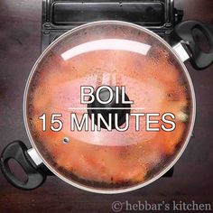 a frying pan with boil 15 minutes written on it