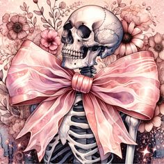 a drawing of a skeleton with a bow on it's head and flowers around its neck