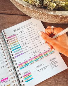 a hand holding a pen and writing on a planner with succulents in the background