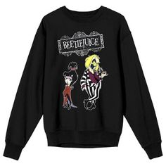 Stay warm and cozy in the long sleeves on this sweatshirt as you celebrate your favorite movies with this Beetlejuice sweatshirt. The sweatshirt features animated images of Lydia Deetz of Betelguese underneath the movie’s logo. The sweatshirt comes in a black long sleeve crew neck. Beetlejuice fans will love this comfy and cozy sweatshirt. Emo Graphic Print Sweatshirt For Winter, Black Cartoon Print T-shirt For Winter, Winter Emo Crew Neck Sweatshirt, Black Cartoon Print T-shirt, Emo Letter Print Sweatshirt For Fall, Emo Style Crew Neck Winter Tops, Halloween Long Sleeve Emo Sweatshirt, Halloween Emo Long Sleeve Sweatshirt, Emo Crew Neck Sweater For Streetwear