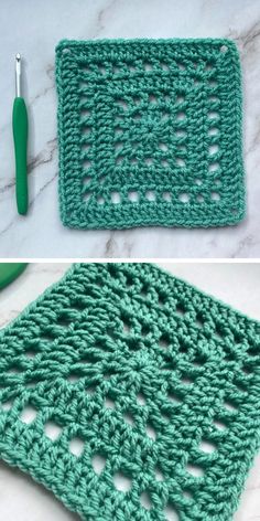 the crochet square is being worked on with scissors and yarn, while another photo shows