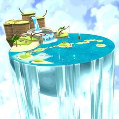 an image of a floating island in the sky with water and plants on it's surface