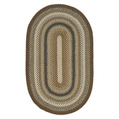 a brown and blue oval rug on a white background with an oval design in the center