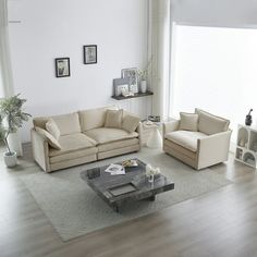 a living room with two couches and a coffee table