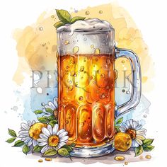 a mug of beer and daisies on a watercolor background