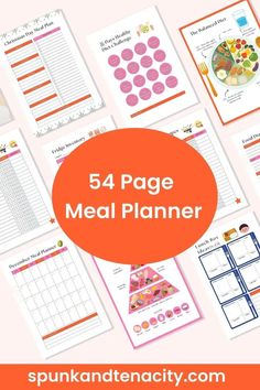 the printable meal planner is shown with text that reads, 54 page meal planner