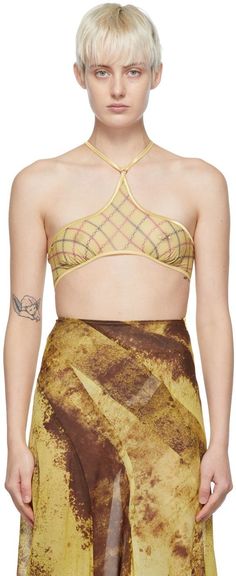 Stretch polyester mesh bra. · Fixed halter straps · Graphic pattern printed throughout Available exclusively at SSENSE. Supplier color: Yellow chain argyle Charlotte Knowles, Yellow Bra, Mesh Bra, Future Fashion, Tops Fall, Stage Outfits, Couture Collection, Bra Tops, Tie Dye Skirt