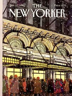 the new yorker magazine cover with people standing in front of an old train station