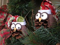 two pictures of pine cones with owls on them and one has a red plaid bow