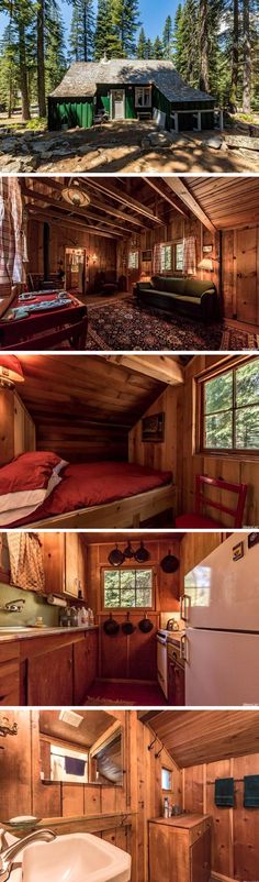 the inside of a log cabin with wood paneling