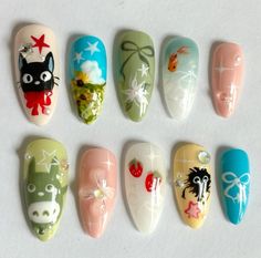 studio ghibli nails by d1cedclaws on ig Tip Of The Nail Designs, Art Nail Ideas, Ghibli Studio Nails, Make Nail Art, Nail Ideas Art, Art Nails, Ghibli Nail Designs, Studio Ghibli Nail Designs, Ghibli Nails Acrylic