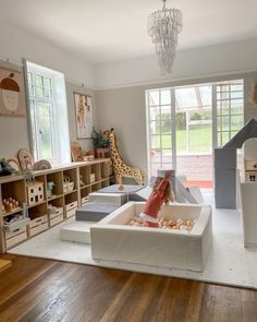 a child's playroom with toys and bookshelves