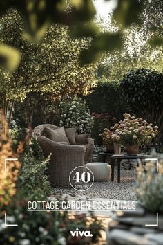 an outdoor seating area with potted plants and trees in the background text reads, cottage garden essentials vivo