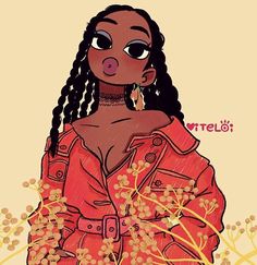 a drawing of a woman with braids wearing an orange shirt and earrings, standing in front of yellow flowers