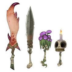 three different types of cartoon characters with one holding a knife and the other holding a skull