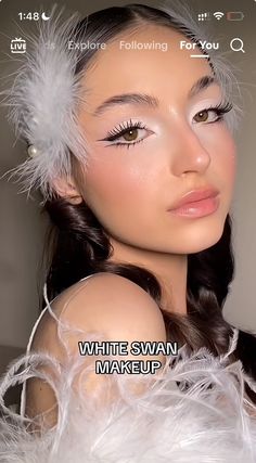 Masquerade Makeup Look, Ballerina Makeup Halloween, White Swan Costume Makeup, Ice Queen Costume Halloween, Ballet Dancer Makeup, Soft White Makeup, Swan Makeup Halloween, Swan Eyeliner, White Swan Hairstyle