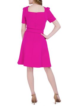 Attention getting has never been as effortless and comfortable as in this vividly colored fit-and-flare dress set with puff sleeves and oh, yes—pockets. 39 1/2" length Square neck Short sleeves Removable belt Lined 95% polyester, 5% spandex Hand wash, dry flat Imported Pink Dress With Fitted Waist And Short Sleeves, Pink Short Sleeve Dress With Pleated Waist, Pink Fitted Dresses With Pockets, Pink Fitted Dress With Pockets, Fitted Pink Dresses With Pockets, Pink Solid Color Dresses For Work, Pink Knee-length Dress With Pockets, Oh Yes, Girls Shoes Kids