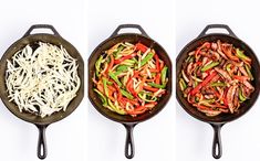 three pans filled with different types of stir frying vegetables and meat in them