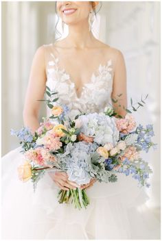 a bride holding a bouquet of flowers in her hands