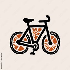 an orange and black bicycle with leaves on the handlebars is in front of a white background