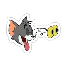 a sticker with an image of a cat and a ball in it's mouth