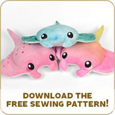 two pink and blue stuffed animals with the words free sewing pattern below it that says,