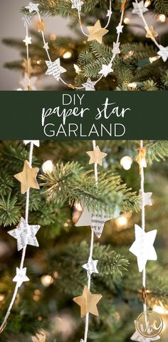 the diy paper star garland hanging from a christmas tree with text overlay that says diy paper star garland