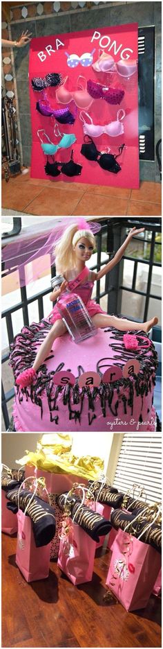 barbie doll sitting on top of a table with pink and black bags in front of it