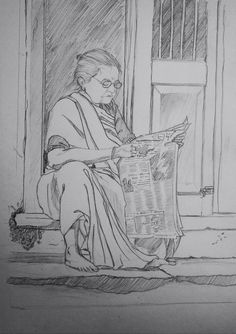 a drawing of a person sitting on a window sill reading a newspaper