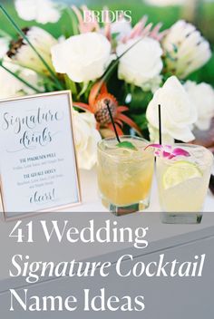 Wedding Cocktail Recipe, Cocktail Name Generator, Wedding Reception Signature Drinks, His And Hers Wedding Drinks Signature Cocktail, His And Her Cocktails Wedding Signature Drink Signs, Beach Wedding Signature Drinks, Easy Wedding Signature Drinks, Fun Signature Cocktails, Wedding Signature Cocktails Recipes