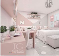 a pink and white bedroom with polka dots on the floor is shown in this artist's rendering