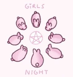 six pink pigs with the words girls night written on them in white letters and an inverted pentagram