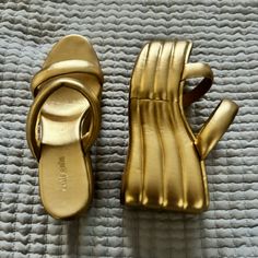 Cult Gaia Size 40 Gold Padded Platform Sandals Excellent Used Condition Designer Gold Sandals With Heel Loop, Designer Gold Mules With Padded Heel, Gold Open Heel Mules With Heel Loop, Luxury Gold Platform Sandals, Designer Gold Platform Sandals, Gold Wedge Heel Sandals With Padded Heel, Gold Closed Toe Sandals With Heel Loop, Gold Sandals With Wrapped Wedge Heel, Gold Mules With Heel Loop For Evening