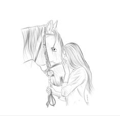 a drawing of a girl holding the bridle of a horse with her mother