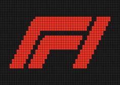 A pixel art template of the Formula One logo from 2017 to this present day.

This particular photo has red text on a dark grey background. Formula 1 Crochet Pattern, Pixel Art Cars Logo, Car Logo Pixel Art, Formula 1 Cross Stitch, Crochet Formula 1, F1 Cross Stitch