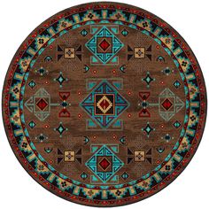 a brown and blue rug with an intricate design on the center, surrounded by geometric shapes