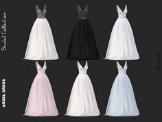 six dresses in different colors and sizes are shown on a black background with the words,