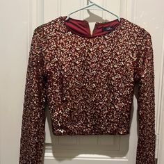 Maroon And Gold Sequins, Gold Zipper On The Back-Never Worn! Red Party Tops, Red Tops For Party And Festive Occasions, Glamorous Red Blouse For Party, Fall Party Crop Top With Sequins, Sequin Crop Top For Fall Party, Fitted Long Sleeve Crop Top For Festive Occasions, Fitted Crop Top For Festive Party, Fitted Glitter Blouse For Party, Red Sequined Blouse For Party