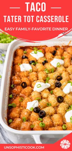 taco tater tot casserole with text overlay