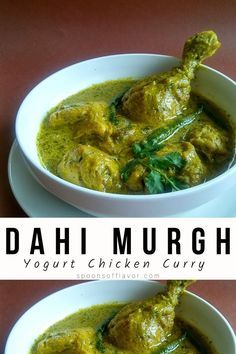 two bowls filled with chicken curry on top of a red tablecloth and the words dahi murgh yogurt chicken curry