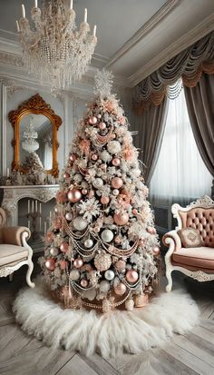 a white christmas tree with pink and silver ornaments in an ornate living room decorated for the holidays