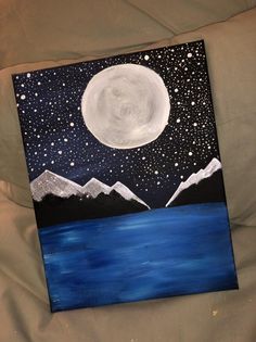 an acrylic painting of a night sky with mountains and the moon