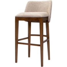 a wooden bar stool with a beige upholstered seat and back rest on an isolated white background