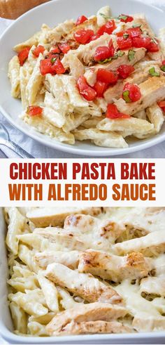 chicken pasta bake with alfredo sauce in a white casserole dish on a plate