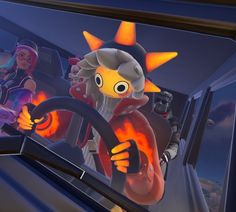 a cartoon character driving a car with flames on the steering wheel and two other characters in the background