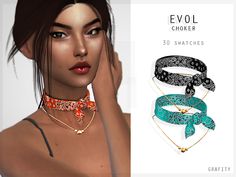 an image of a woman wearing chokers and necklaces with the caption evol choker 30 swatches