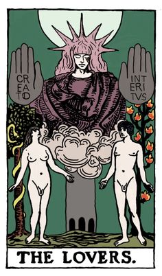 the lovers tarot card with two men holding hands over each other, surrounded by flowers and